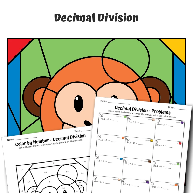 Decimal Division Color by Number — Animal face - Monkey — math worksheet for Grade 5, page 1 of 1
