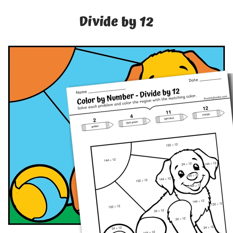 div by 12 Color by Number — Golden Retriever Puppy — math worksheet for Grade 3, Grade 4, page 1 of 1