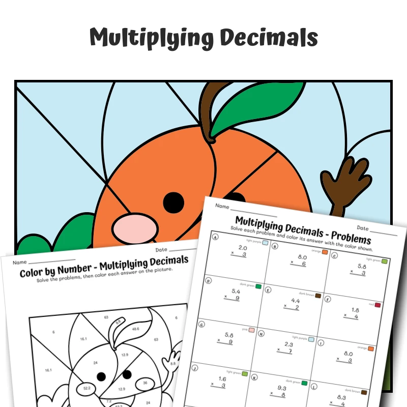 Multiply Decimals Color by Number — Orange — math worksheet for Grade 5, page 1 of 1