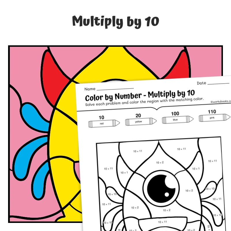 × 10 Color by Number — Monster with Wings — math worksheet for Grade 3, page 1 of 1