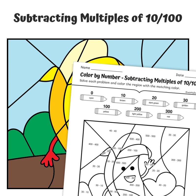 Subtract Multiples of 10 Color by Number — Banana — math worksheet for Grade 1, Grade 2, page 1 of 1