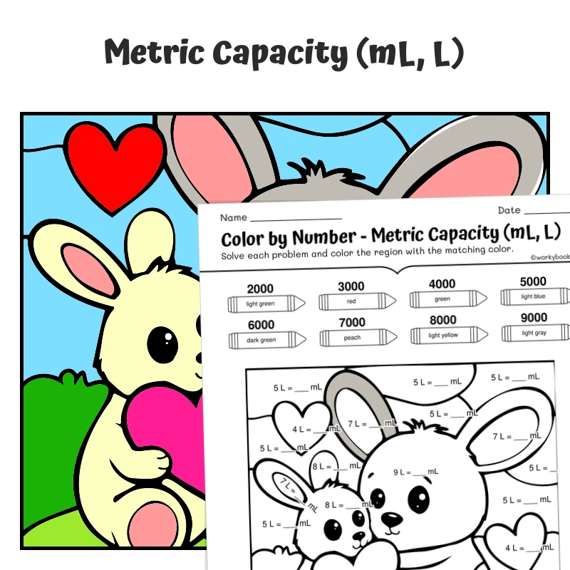 Metric Capacity Color by Number — Cute Rabbit holding a heart — math worksheet for Grade 4, Grade 5, page 1 of 1