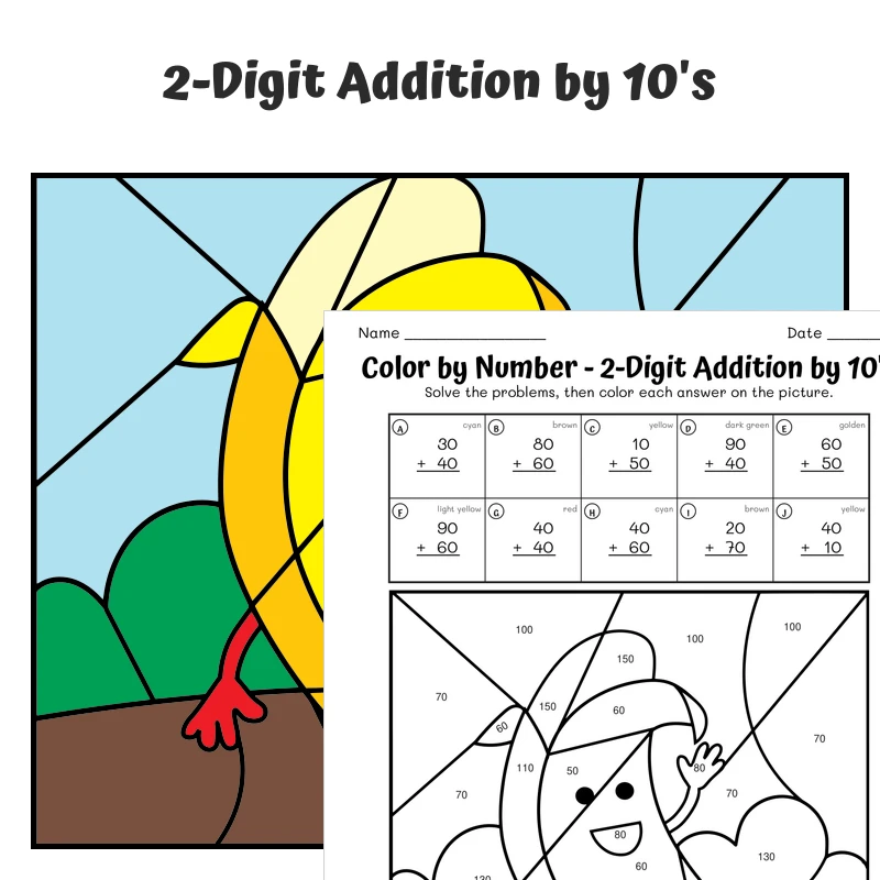 Add Tens Color by Number — Banana — math worksheet for Grade 1, Grade 2, page 1 of 1