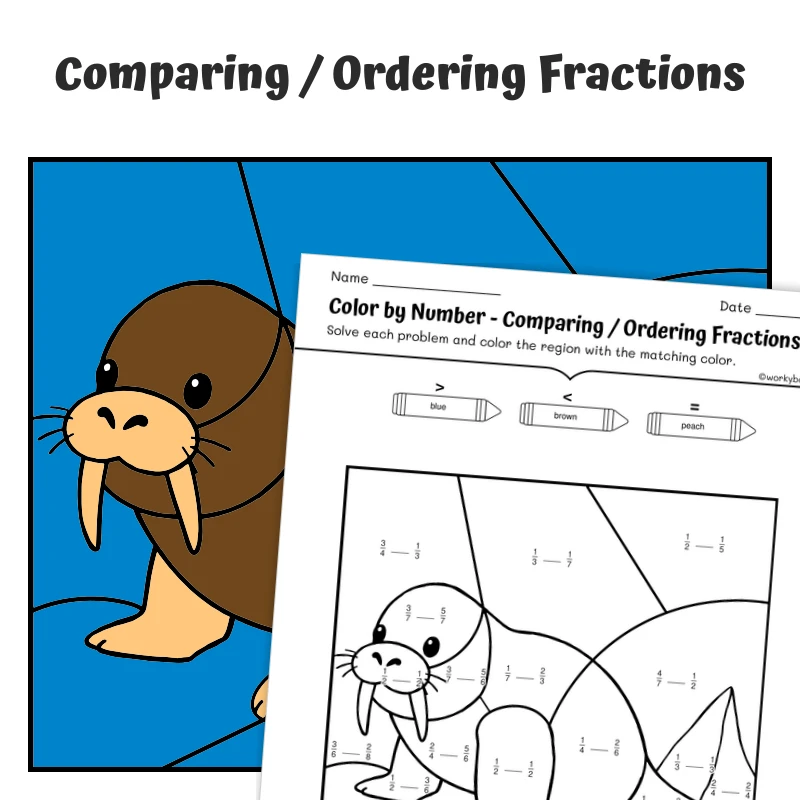Compare Fractions Color by Number — Artic Animal Walrus — math worksheet for Grade 3, Grade 4, page 1 of 1