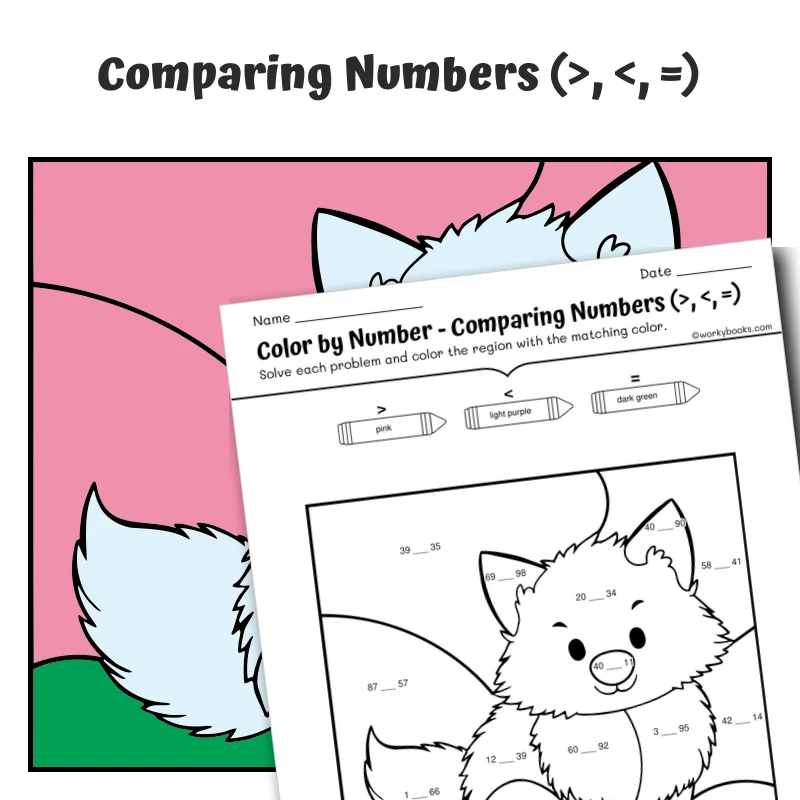 Compare Numbers Color by Number — Baby Arctic Fox — math worksheet for Grade K, Grade 1, Grade 2, Grade 3, Grade 4, page 1 of 1
