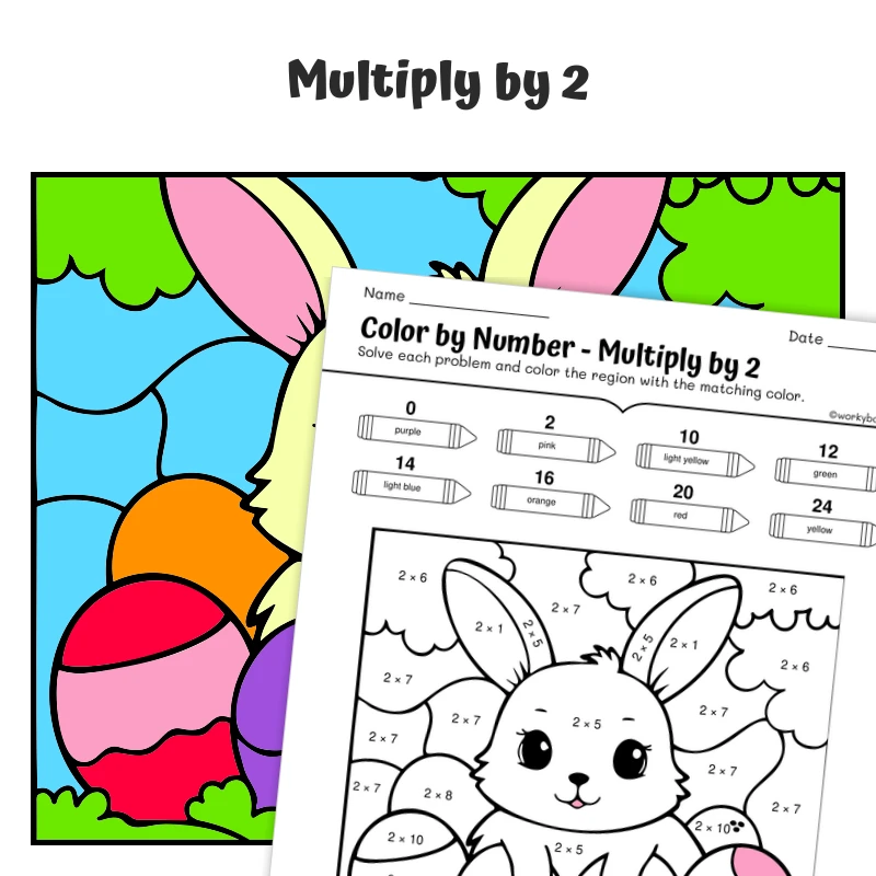 × 2 Color by Number — Bunny with Easter Eggs — math worksheet for Grade 3, page 1 of 1