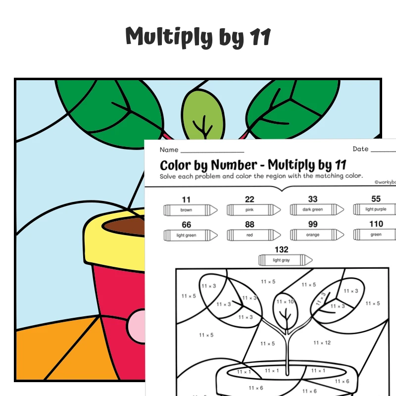 × 11 Color by Number — plant 2 — math worksheet for Grade 3, Grade 4, page 1 of 1
