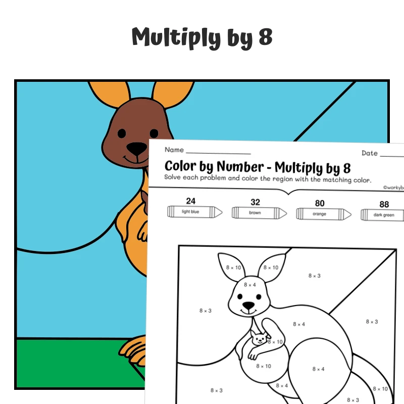 × 8 Color by Number — Zoo Animal Kangaroo - 2 — math worksheet for Grade 3, page 1 of 1