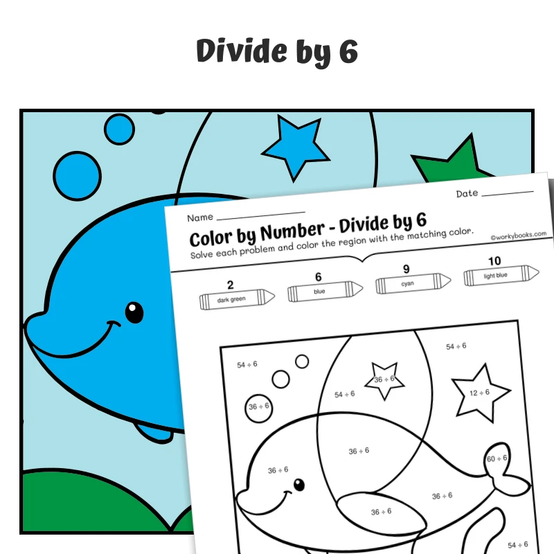div by 6 Color by Number — Artic Animal Beluga Whale — math worksheet for Grade 3, page 1 of 1