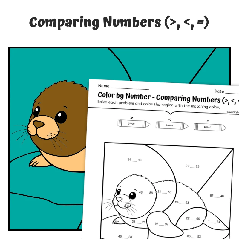 Compare Numbers Color by Number — Artic Animal Ringed Seal — math worksheet for Grade K, Grade 1, Grade 2, Grade 3, Grade 4, page 1 of 1