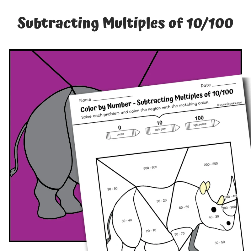 Subtract Multiples of 10 Color by Number — Zoo Animal Rhinoceros — math worksheet for Grade 1, Grade 2, page 1 of 1