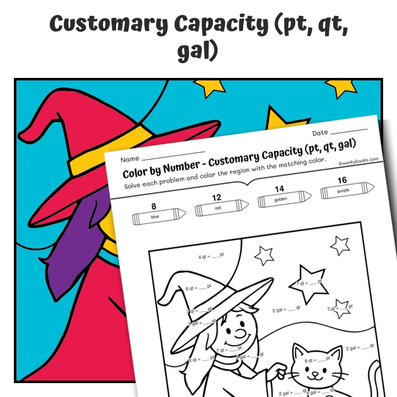 Customary Capacity Color by Number — Witch with a Friendly Cat — math worksheet for Grade 4, Grade 5, page 1 of 1