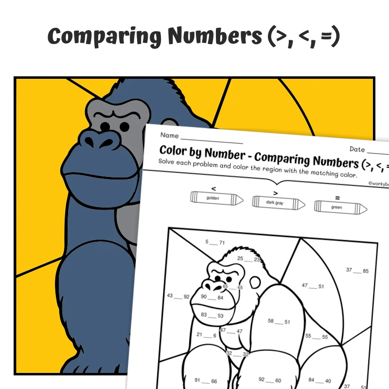 Compare Numbers Color by Number — Zoo Animal Gorilla — math worksheet for Grade K, Grade 1, Grade 2, Grade 3, Grade 4, page 1 of 1