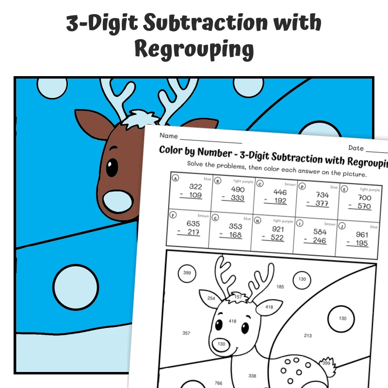 3-Digit Subtraction (regrouping) Color by Number — Artic Animal Caribou — math worksheet for Grade 2, Grade 3, page 1 of 1