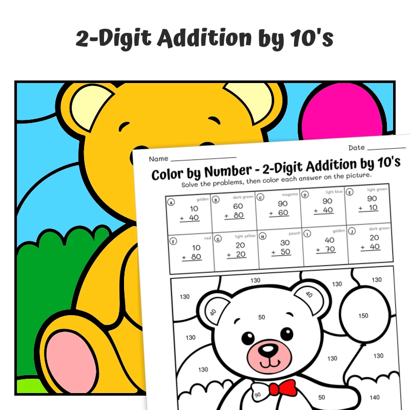 Add Tens Color by Number — Teddy Bear's Birthday Balloon — math worksheet for Grade 1, Grade 2, page 1 of 1