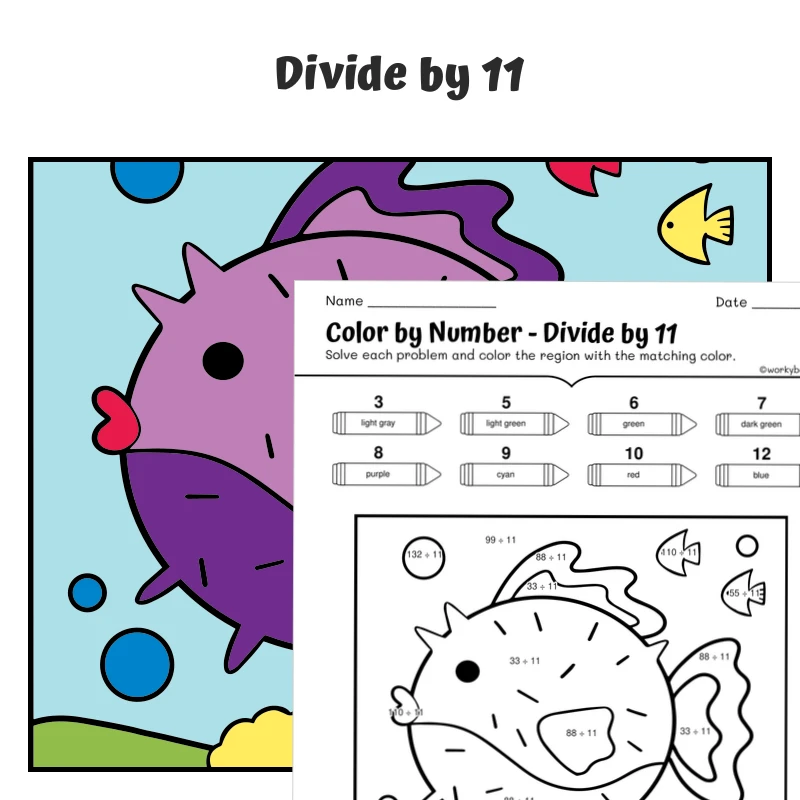 div by 11 Color by Number — fish 16 — math worksheet for Grade 3, Grade 4, page 1 of 1