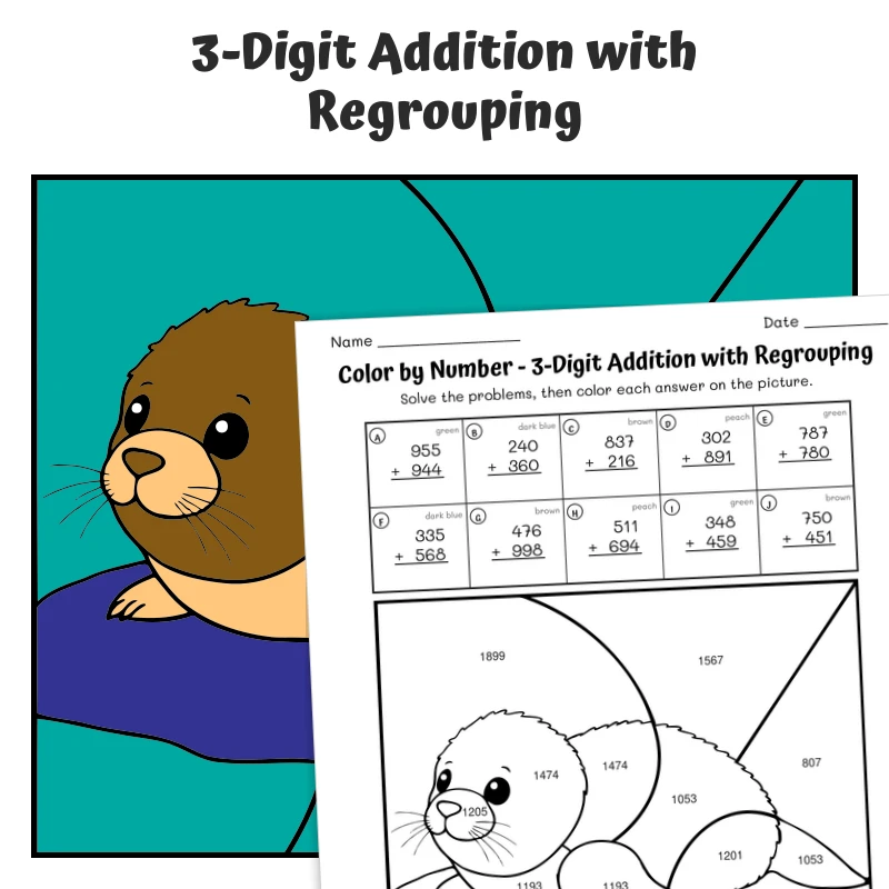 3-Digit Addition (regrouping) Color by Number — Artic Animal Ringed Seal — math worksheet for Grade 2, Grade 3, page 1 of 1