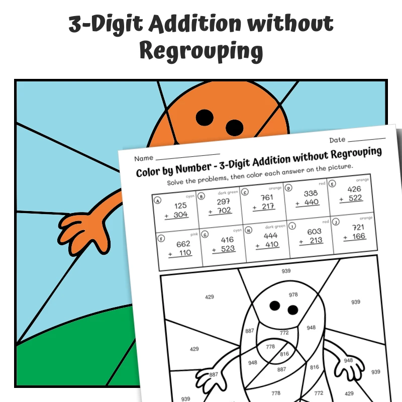 3-Digit Addition (no regrouping) Color by Number — Jolly Jelly Bean — math worksheet for Grade 2, Grade 3, page 1 of 1