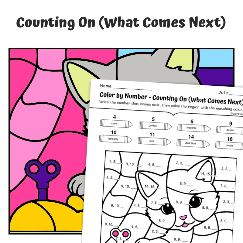 Counting On Color by Number — Cat playing with a toy mouse — math worksheet for Grade K, Grade 1, page 1 of 1