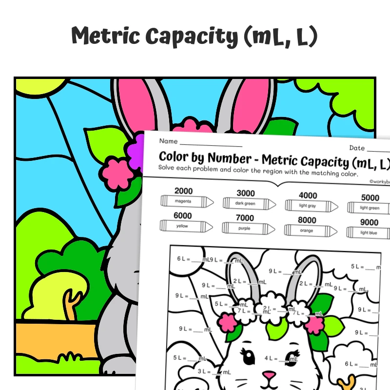 Metric Capacity Color by Number — Bunny with a Flower Crown — math worksheet for Grade 4, Grade 5, page 1 of 1