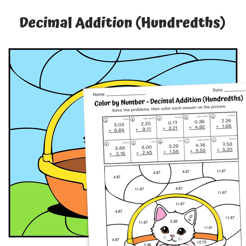 Decimal Addition (hundredths) Color by Number — cat in a basket — math worksheet for Grade 5, page 1 of 1