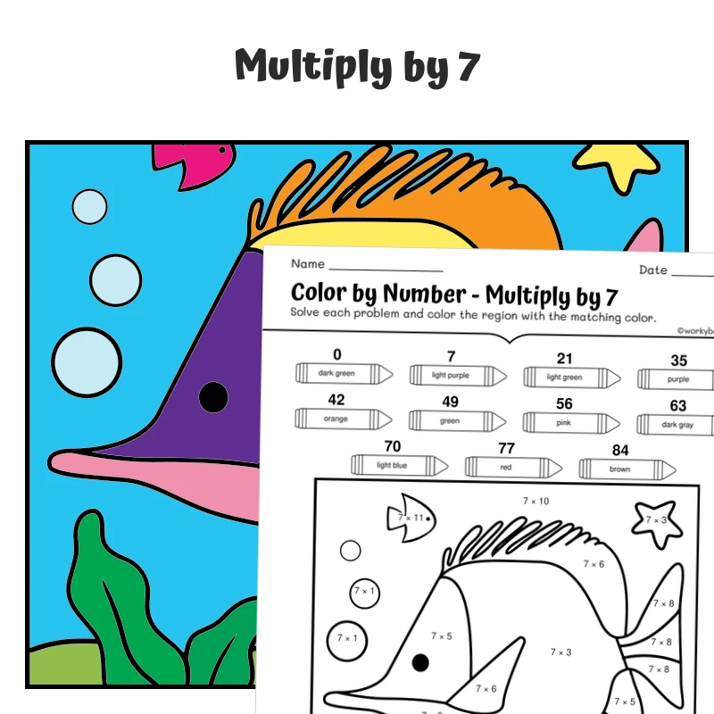 × 7 Color by Number — fish 15 — math worksheet for Grade 3, page 1 of 1