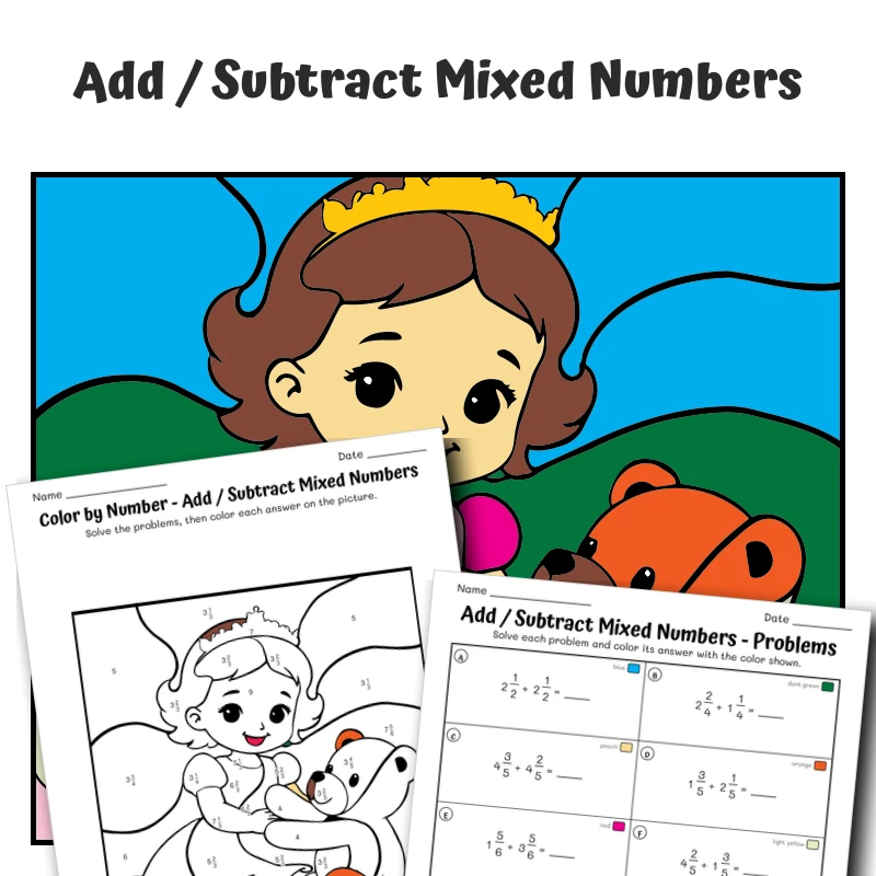 Mixed Numbers Color by Number — Princess with a Teddy bear — math worksheet for Grade 4, Grade 5, page 1 of 1