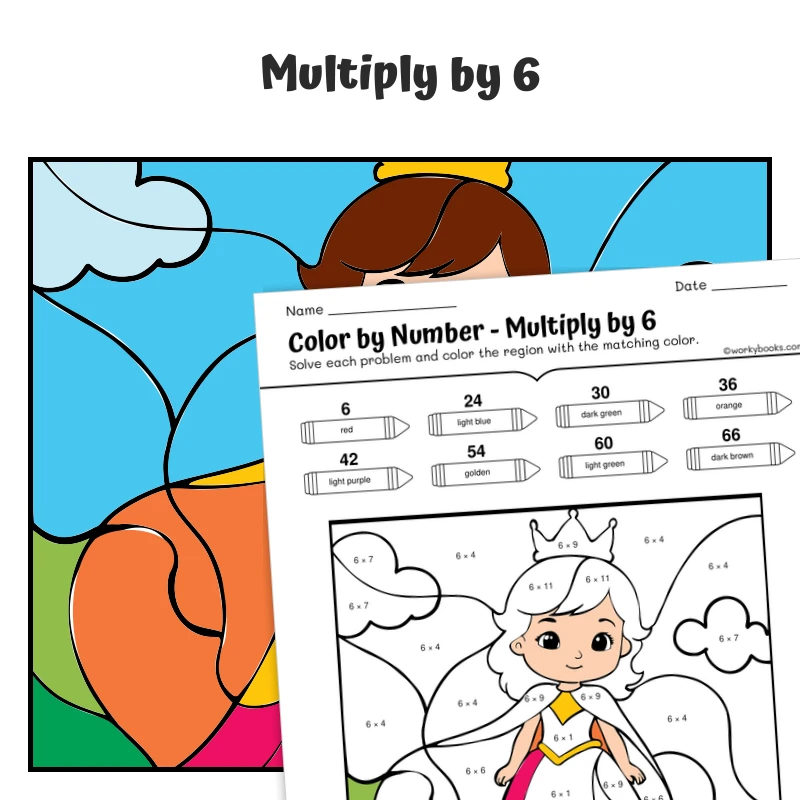 × 6 Color by Number — Princess with Tiara — math worksheet for Grade 3, page 1 of 1