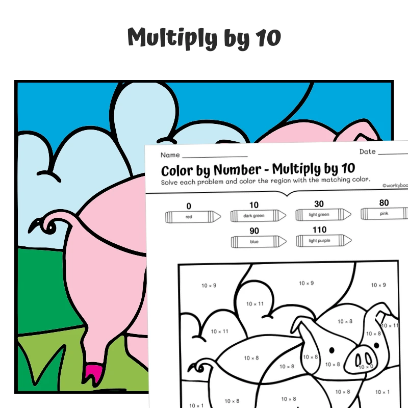 × 10 Color by Number — Farm Animal Pig — math worksheet for Grade 3, page 1 of 1