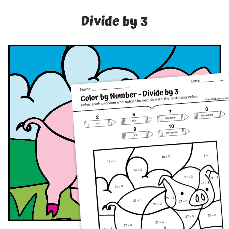 div by 3 Color by Number — Farm Animal Pig — math worksheet for Grade 3, page 1 of 1