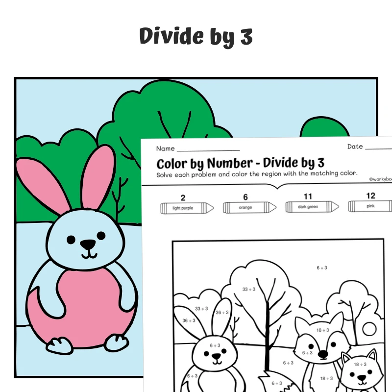 div by 3 Color by Number — CBN.WINTER.15-4 — math worksheet for Grade 3, page 1 of 1