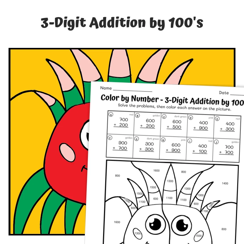 Add Hundreds Color by Number — Monster with Crown — math worksheet for Grade 2, Grade 3, page 1 of 1