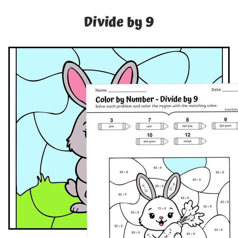 div by 9 Color by Number — Bunny with a carrot — math worksheet for Grade 3, page 1 of 1