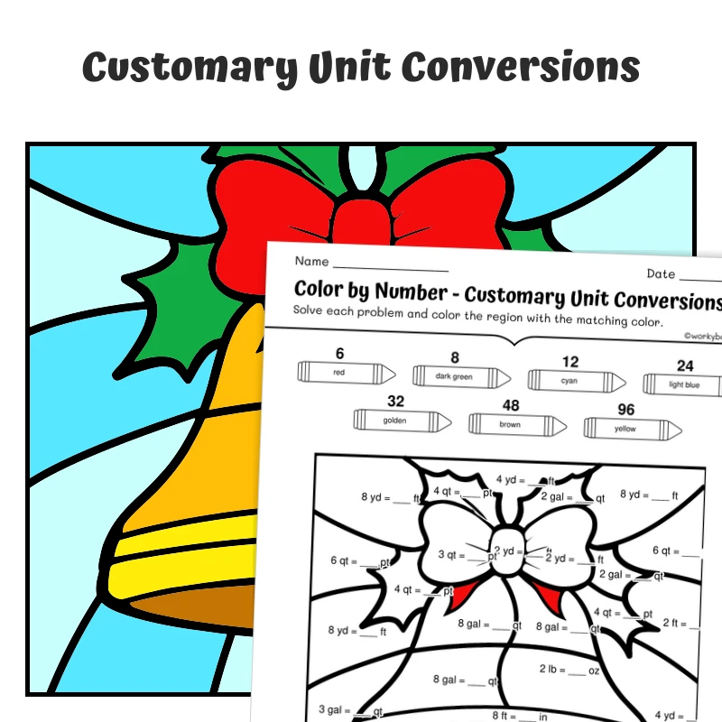 Customary Conversions Color by Number — Christmas bell — math worksheet for Grade 4, Grade 5, page 1 of 1