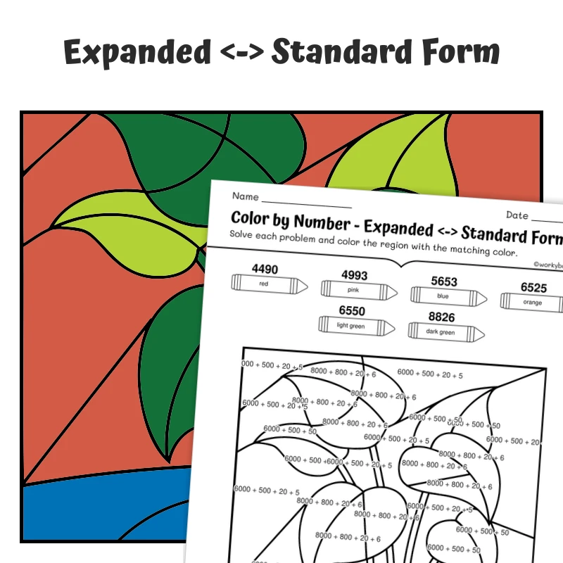 Expanded Form Color by Number — plant 10 — math worksheet for Grade 2, Grade 3, Grade 4, Grade 5, page 1 of 1