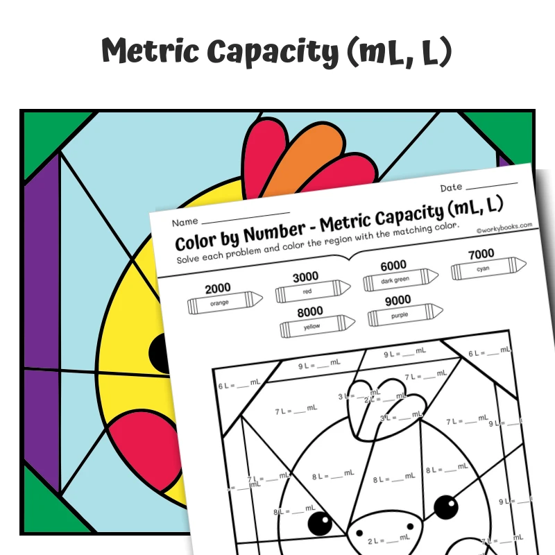 Metric Capacity Color by Number — Animal face - Duck — math worksheet for Grade 4, Grade 5, page 1 of 1