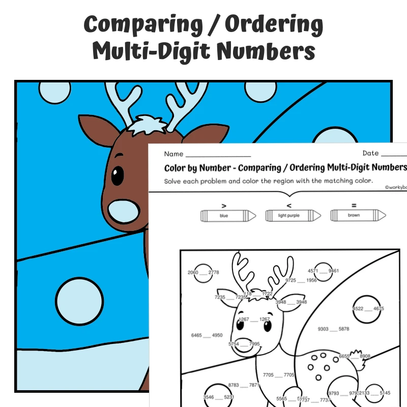 Order Numbers Color by Number — Artic Animal Caribou — math worksheet for Grade 2, Grade 3, Grade 4, page 1 of 1