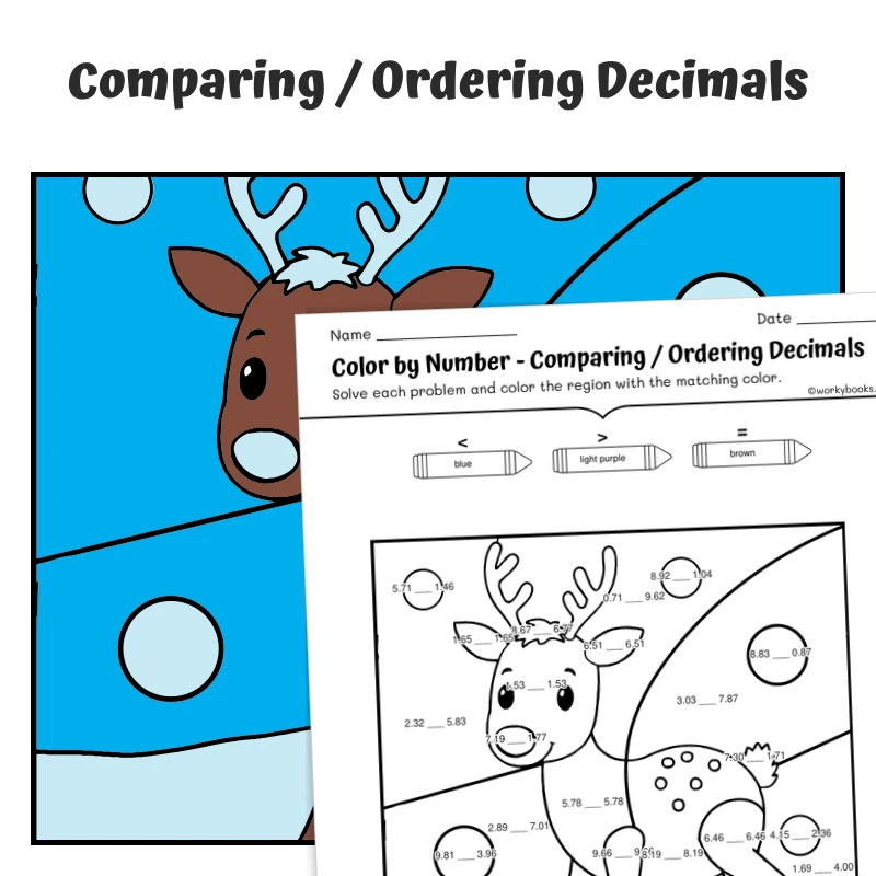 Compare Decimals Color by Number — Artic Animal Caribou — math worksheet for Grade 4, Grade 5, page 1 of 1