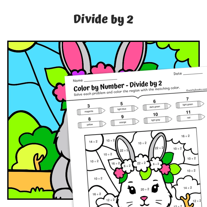div by 2 Color by Number — Bunny with a Flower Crown — math worksheet for Grade 3, page 1 of 1