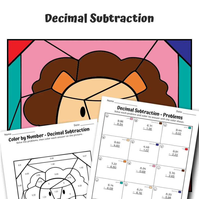 Decimal Subtraction Color by Number — Animal face - Lion — math worksheet for Grade 5, page 1 of 1