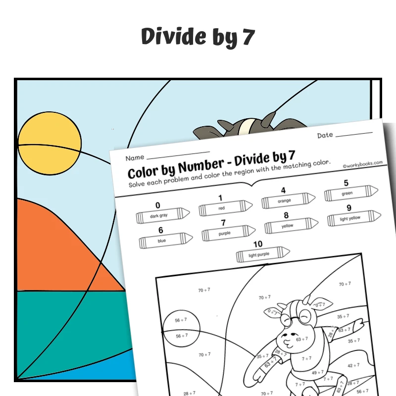 div by 7 Color by Number — Cow surboading in Beach — math worksheet for Grade 3, page 1 of 1