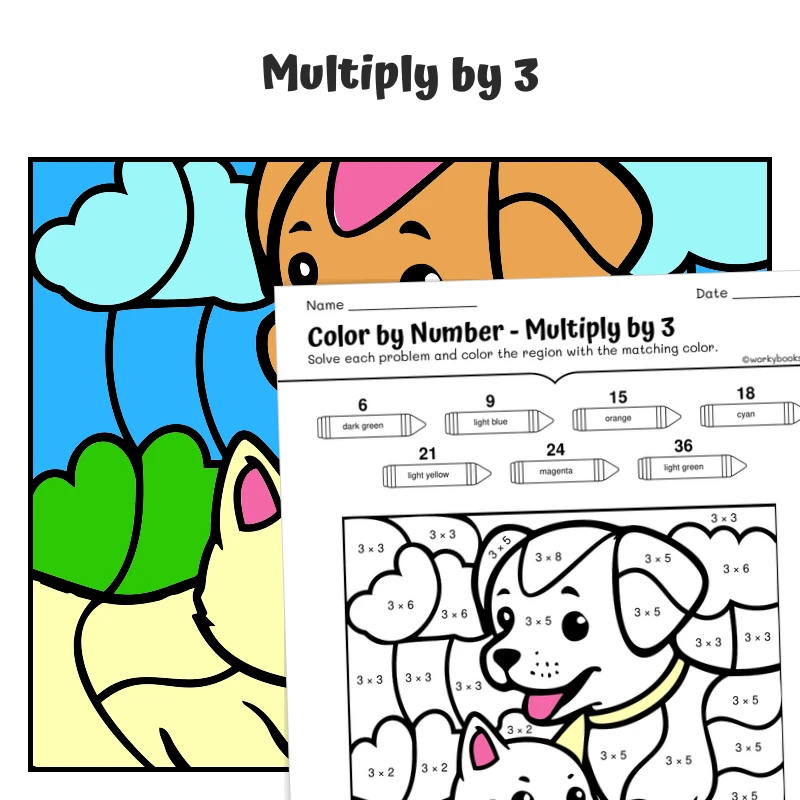 × 3 Color by Number — Cat and dog playing together — math worksheet for Grade 3, page 1 of 1