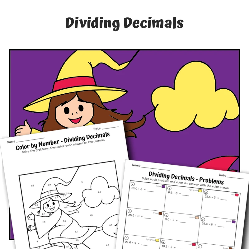 Divide Decimals Color by Number — Witch on a Broom — math worksheet for Grade 5, page 1 of 1