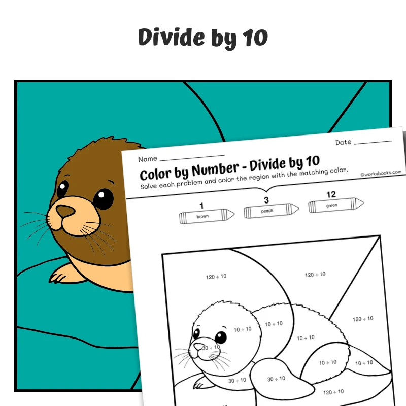 div by 10 Color by Number — Artic Animal Ringed Seal — math worksheet for Grade 3, page 1 of 1