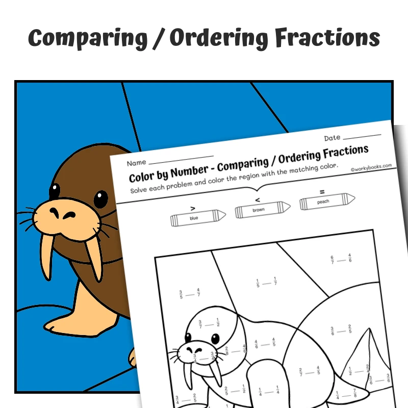 Compare Fractions Color by Number — Artic Animal Walrus — math worksheet for Grade 3, Grade 4, page 1 of 1