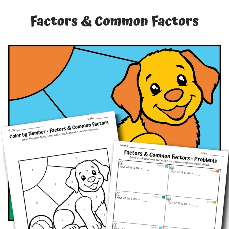 Factors Color by Number — Golden Retriever Puppy — math worksheet for Grade 4, page 1 of 1