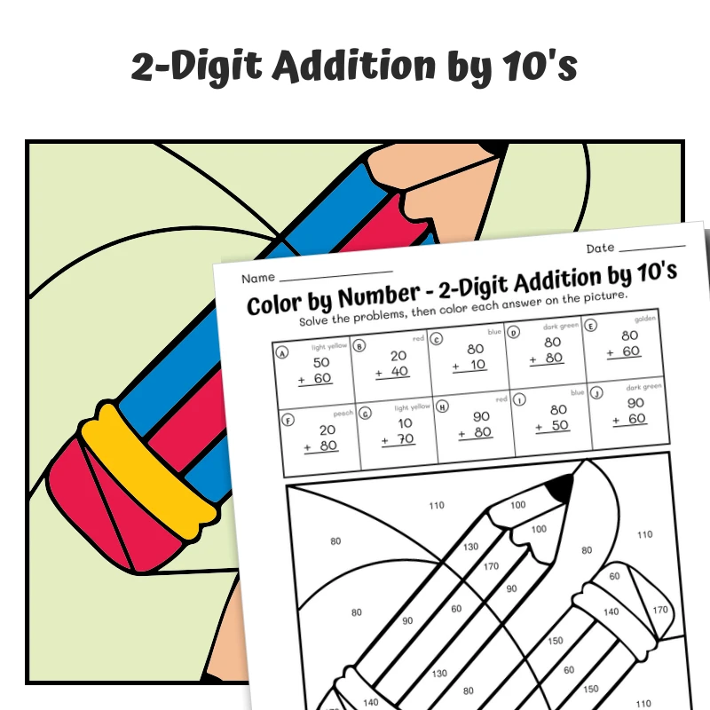 Add Tens Color by Number — pencils — math worksheet for Grade 1, Grade 2, page 1 of 1