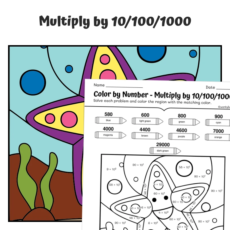 Multiply by 10, 100, 1000 Color by Number — Yellow Starfish — math worksheet for Grade 4, Grade 5, page 1 of 1