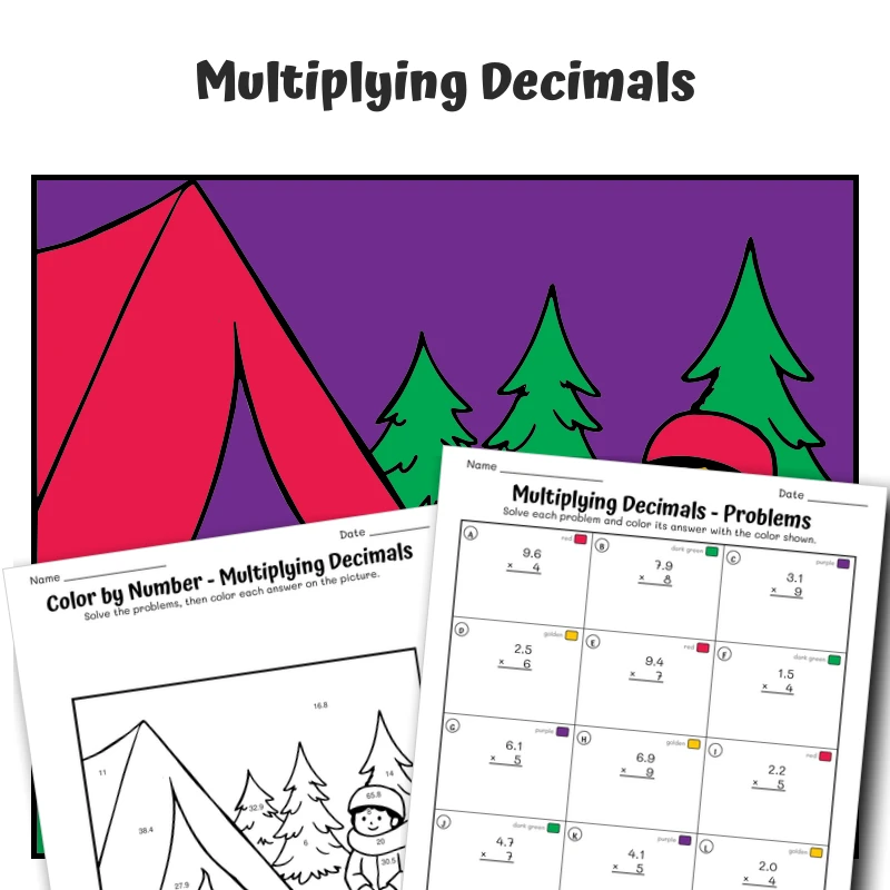 Multiply Decimals Color by Number — Winter Camping — math worksheet for Grade 5, page 1 of 1