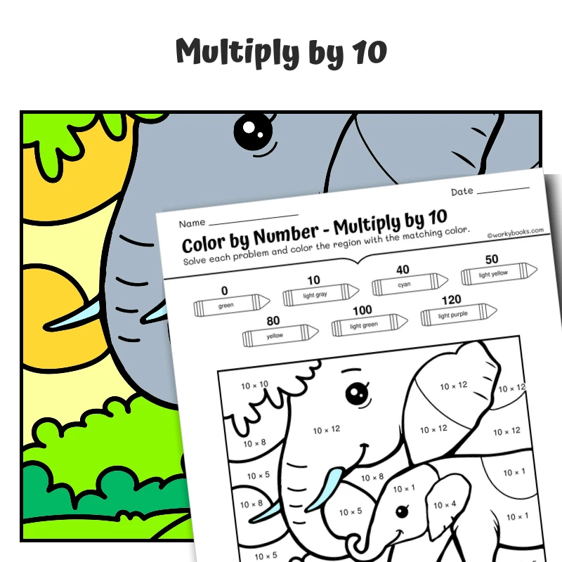× 10 Color by Number — Mother Elephant and Calf — math worksheet for Grade 3, page 1 of 1